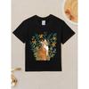 European sizes Kids' Cute Orange Tabby Cat & Floral Print T-Shirt - Soft Breathable Short Sleeve Round Neck Top with Cat & Green Foliage Design