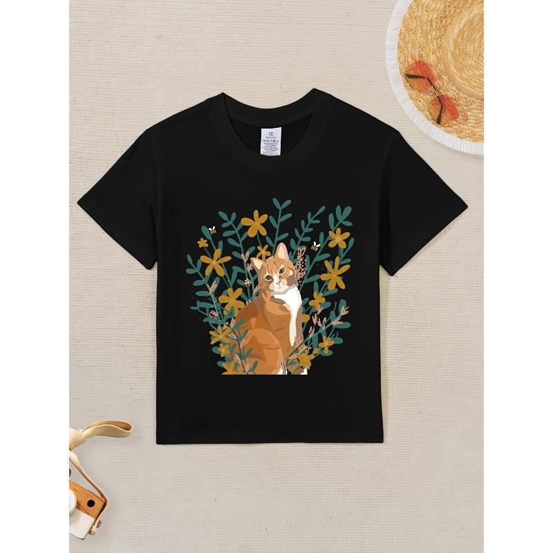 European sizes Kids' Cute Orange Tabby Cat & Floral Print T-Shirt - Soft Breathable Short Sleeve Round Neck Top with Cat & Green Foliage Design