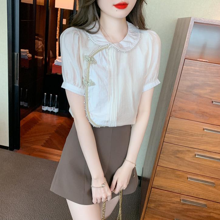 Letní čínská halenka z šifonu s krátkým rukávem Dámský letní top Módní a stylová halenka