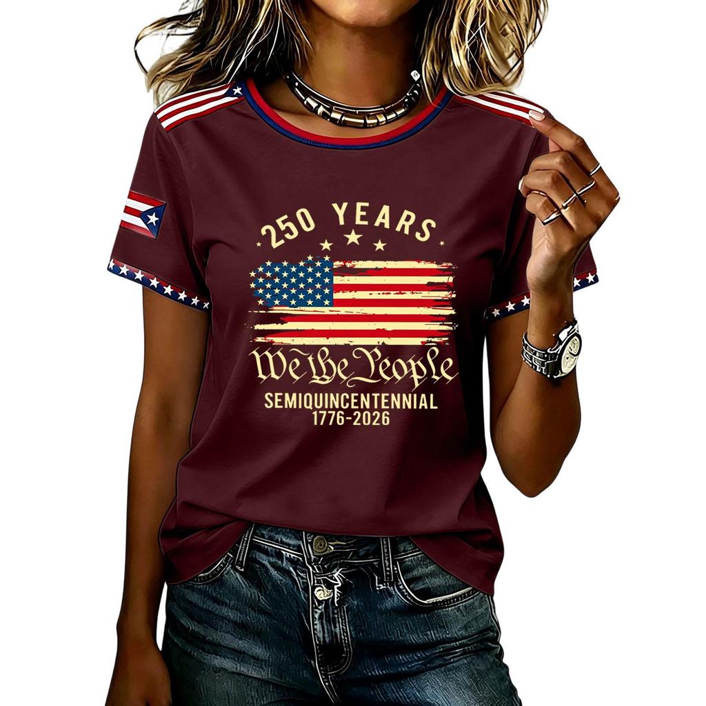 Womens Short Sleeve Crew Neck T Shirt Semiquincentennial 250 Years We the Flag Print Casual Top
