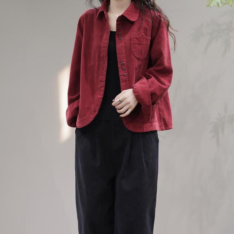 Chemises en Velours Côtelé Vêtements Femmes Vintage Ample Tops d'Automne Streetwear Femmes Simple Tout-Match Poches Style Coréen Chic Littéraire
