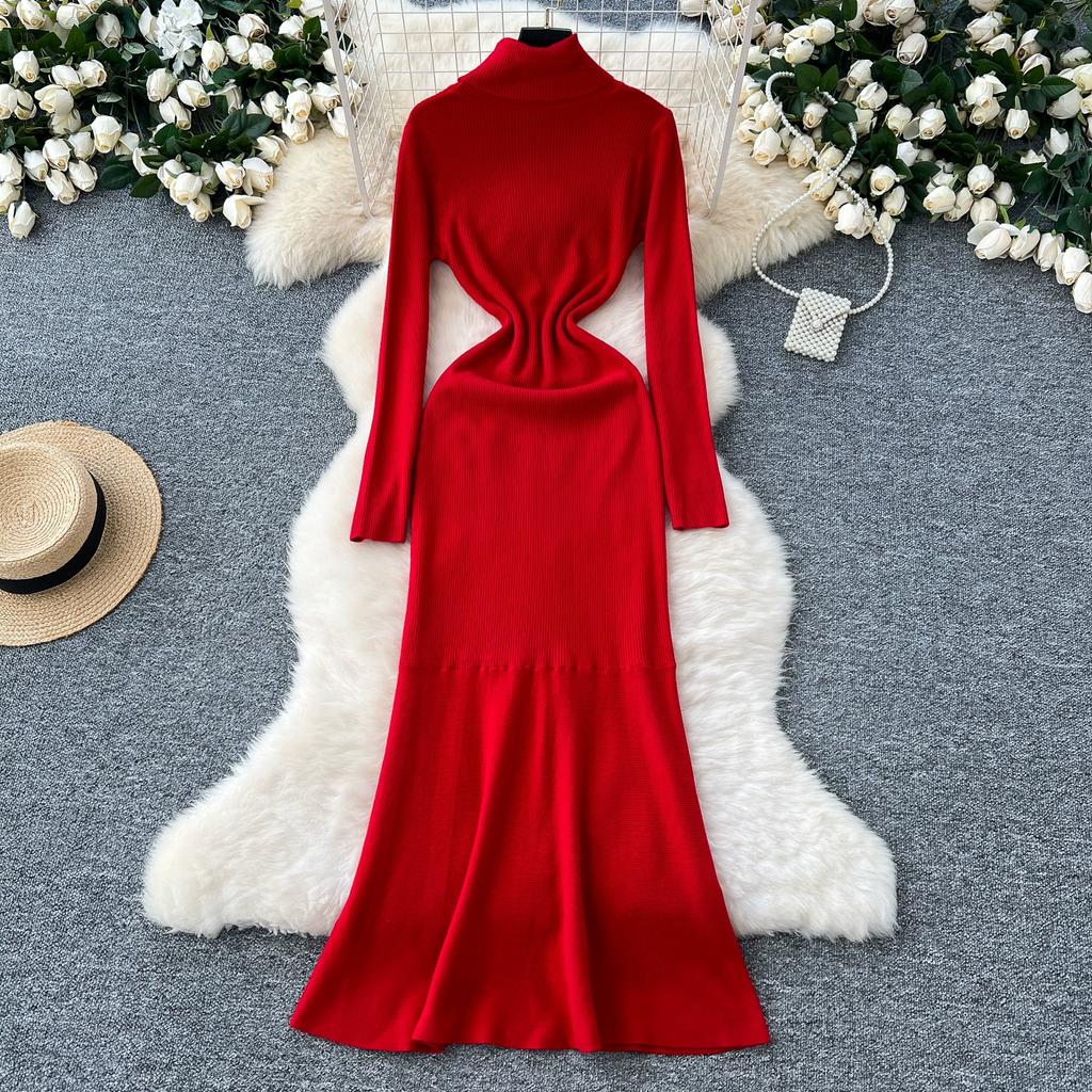 Jesień Zima Kobiety Elegancki Golf Długi Rękaw Dzianinowy Sweter Pulower Długie Sukienki Maxi Syrenka na Imprezę