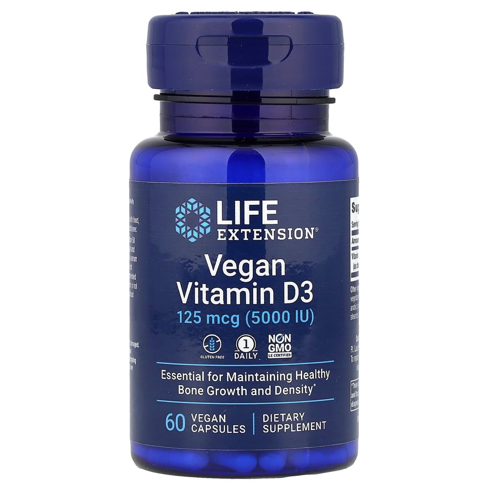 Life Extension Vegan Vitamin D3 125mcg (5000IU) Veggie Capsules, 60 Counts