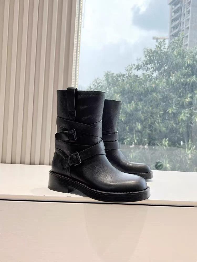 Autumn and winter new retro belt buckle knight boots women's thick heel thick sole leather medium tube strap Martin boots