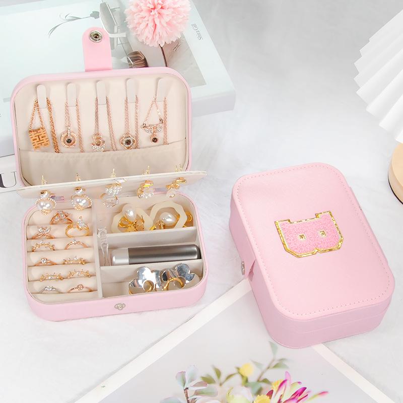 PVC Letter Leather Portable Jewelry Box Double Earrings Earrings Ring Jewelry Storage Box