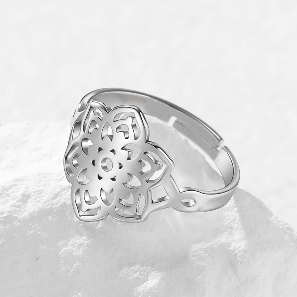 Dawapara Sacred Geometry Mandala Ring Lotus Flower Adjustable Women Ring Stainless Steel Buddhist Yoga Jewelry Spiritual Gift