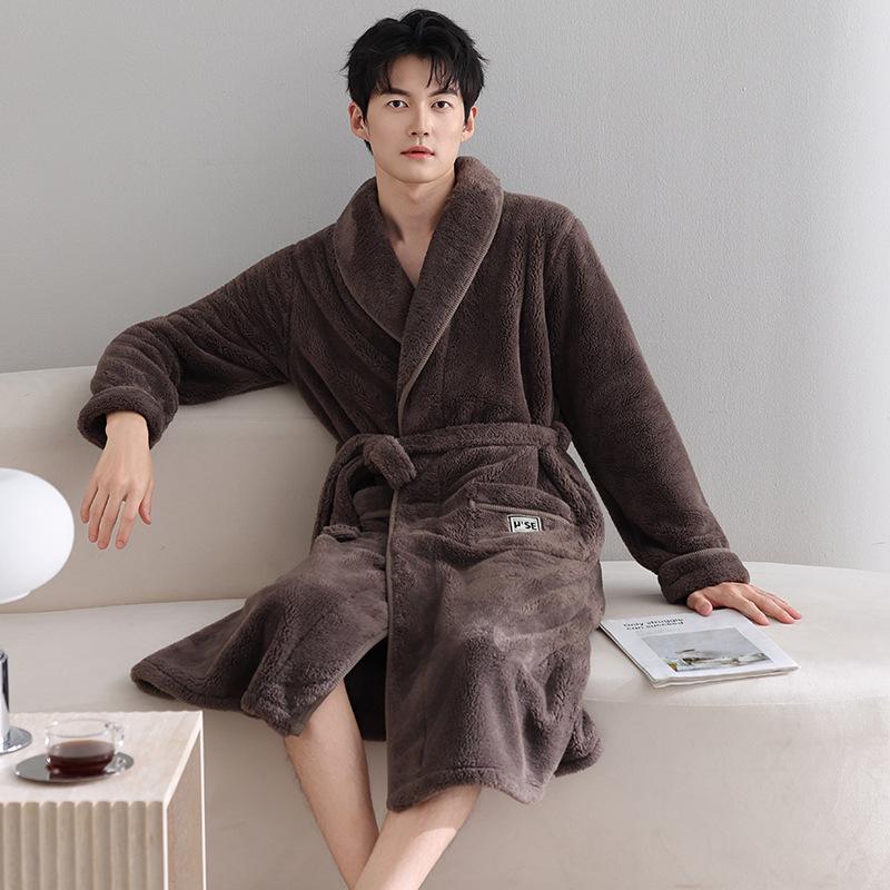Coral Fleece Nightgown Men'S Pajamas Autumn And Winter Fleece Thickened Thermal Flannel Medium And Long Bathrobe