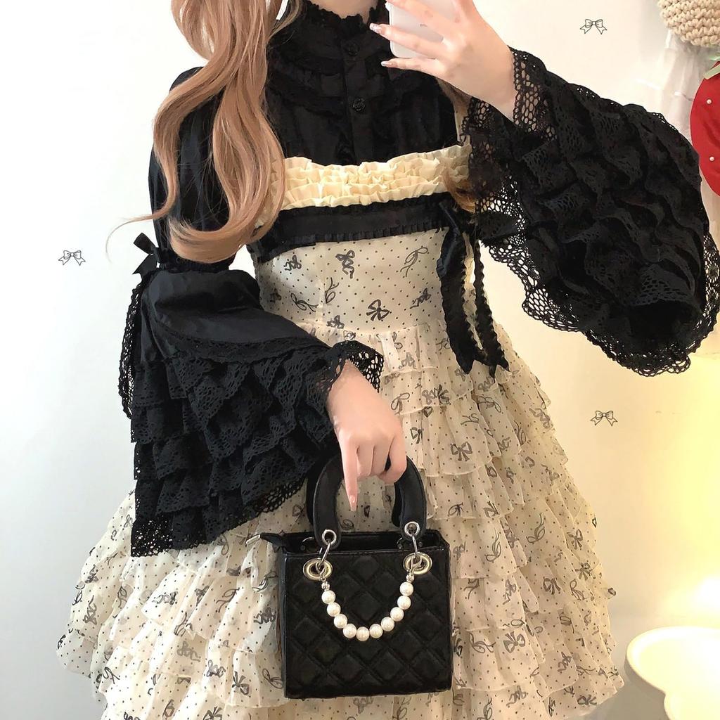 Lolita Blouse with Princess Long Gothic Lolita French Classical Winter [XHSUKADO] Sleeves, 5-Tier Ruffles, Cute, Women's Sleeves, Stand-Up Collar,