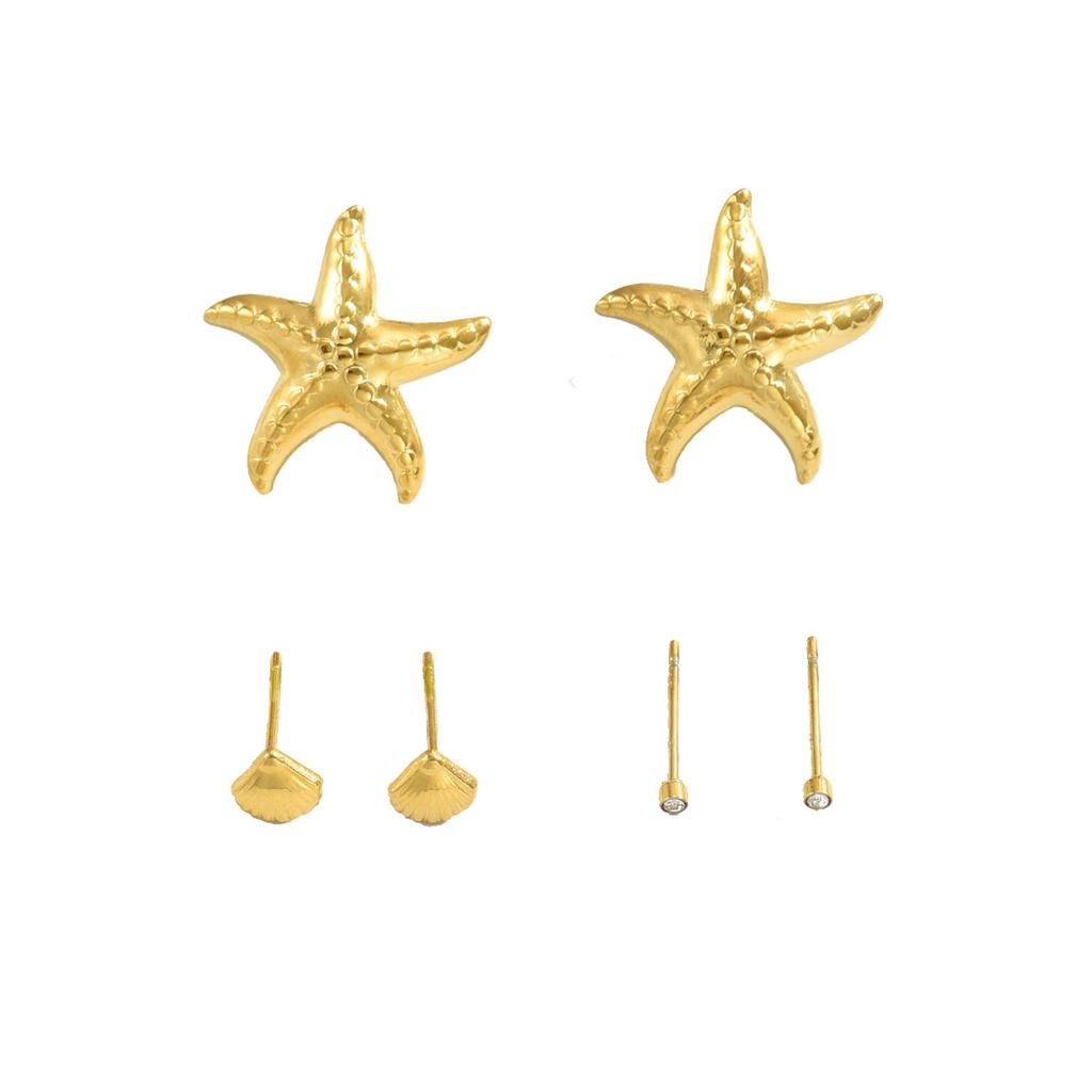 Beach Wind Women's Earrings Set Geometric Starfish Shell Diamond Design Stud Earrings Versatile Earrings