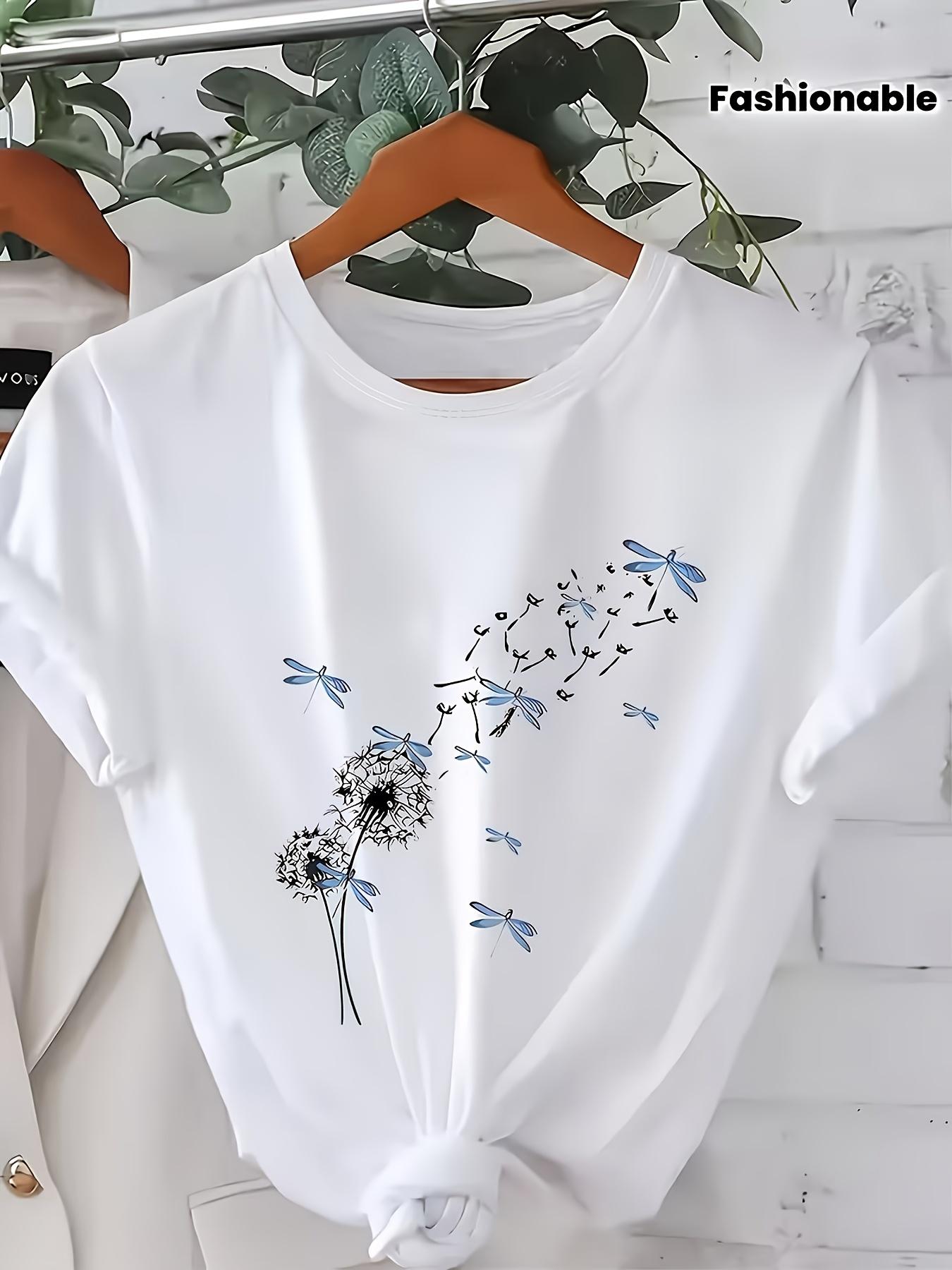 [Summer] Dandelion and Dragonfly Print Women s T-Shirt, Fashion Women s Clothing Seasonal S разноцветный