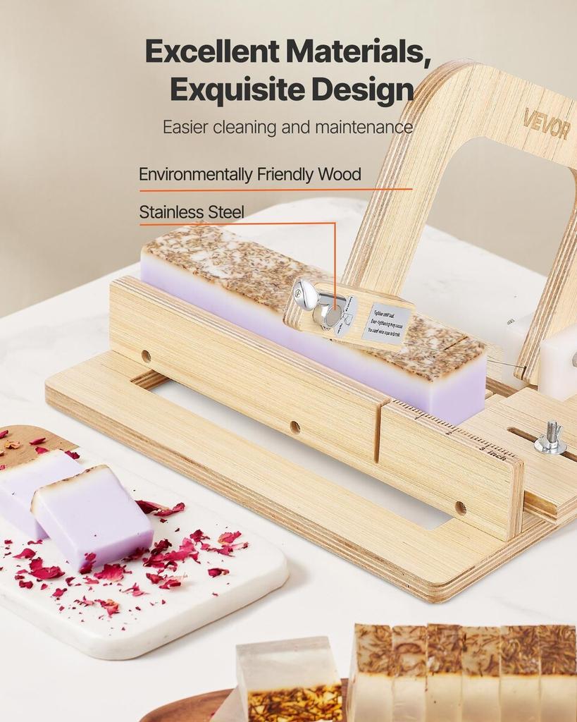 Soap Cutter, 0-2 Inch Adjustable Thickness, Wood Soap Slicer with Stainless Steel Adjustable Wire Tension, with Extra Wires, Multi Handmade Cutter for