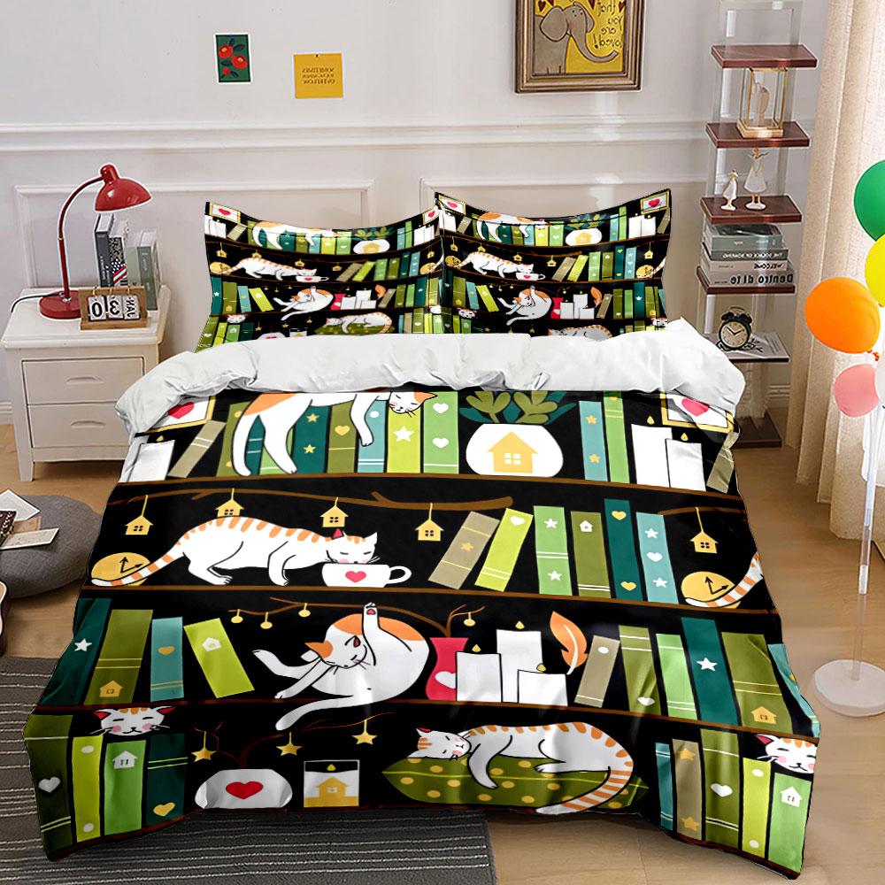 Süßes Katzen-Bücherregal-Deko-Set Mehrere Größen Kinder- und Schlafzimmer für Erwachsene Exquisites 3-teiliges Bettwäsche-Set, Geschenk