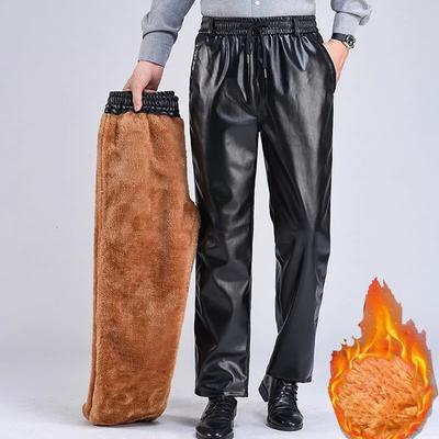Men's Winter Warm Pu Leather Pants Fleece Loose Drawstring Pants Faux Leather Biker Pants