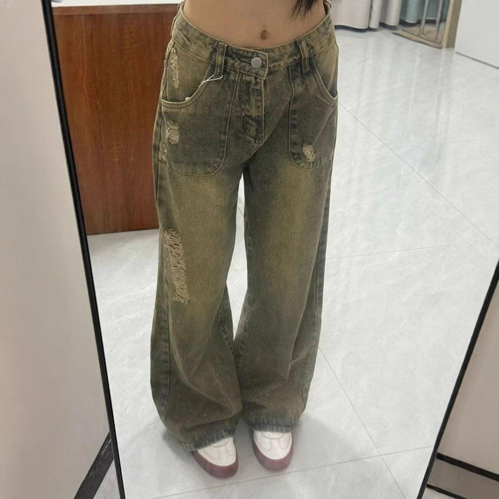 Niche Design Sense Washed Broken Holes Jeans Women Blue Large Size Straight Loose Trailing Floor Wide Leg Trousers Jeans for Women Long Denim Pants