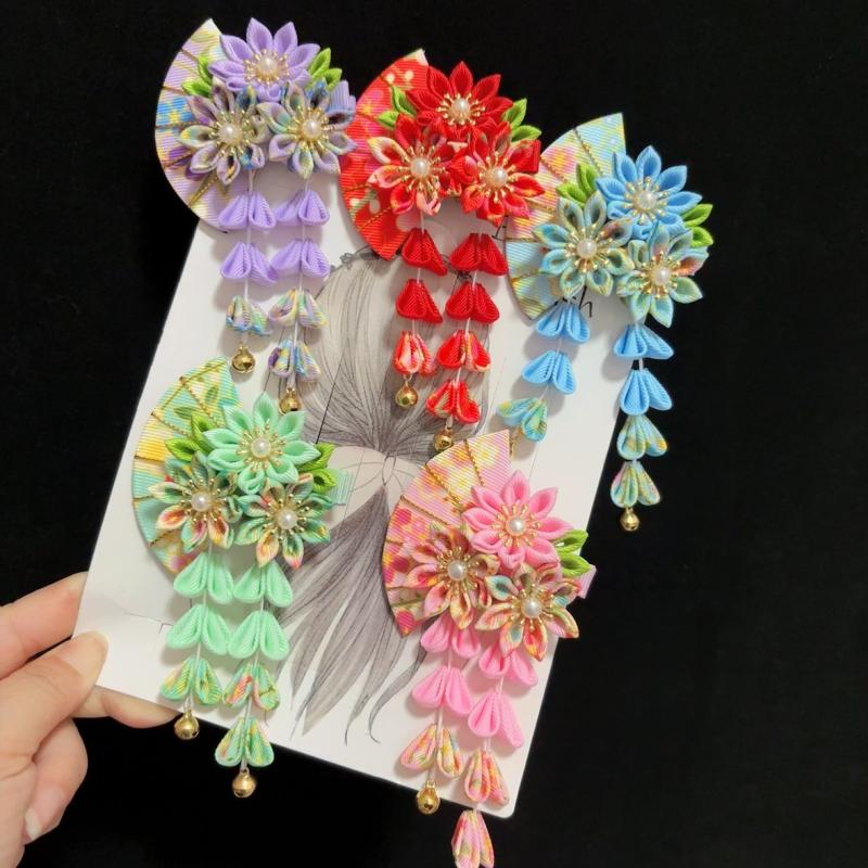 Japansk Kimono Huvudbonad Forntida Stil Handgjord Blomma Hårklämma Tyg Söt Tofs Blomma Hårnål