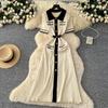 Elegant Slimming Spliced Single-breasted Knit Dresses for Women Lapel Short Sleeves Patchwork Sweater Dress Female