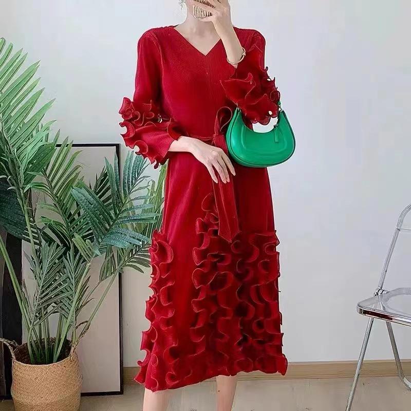 

Длинное платье с плиссированными оборками - 2025 Женское Весна/Осень Стройнящий Свободный Крой Plus Size Free Size вино красного