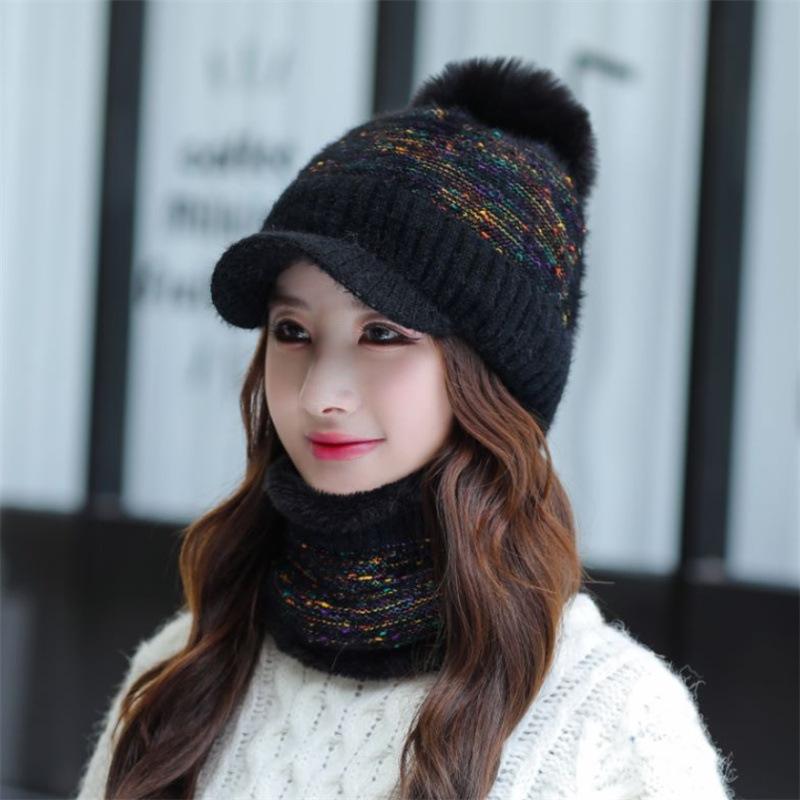 Female winter personalized hat scarf two-piece set fashionable hairball warm and comfortable round hat top adult knitted hat
