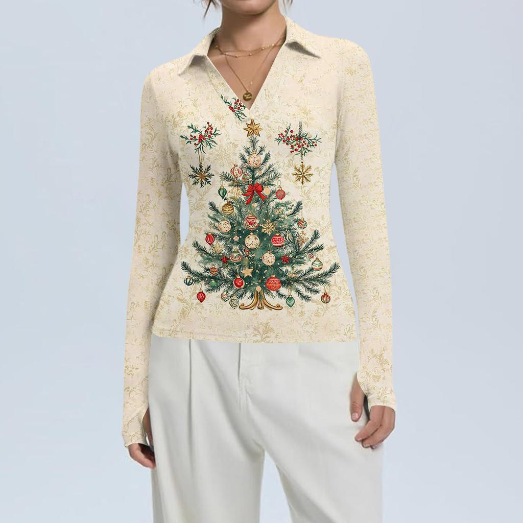 Damenmode Lässig Weihnachts-Print V-Ausschnitt Langarm Knopfleiste Oberteil