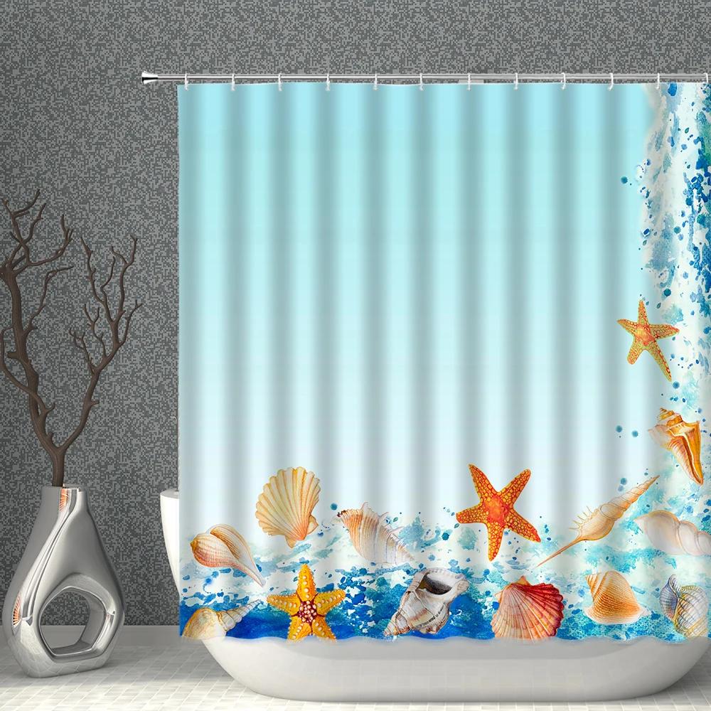 Starfish Shower Curtain Set Starfishs Shells Seascape Ocean Bath Curtains Waterproof Fabric White Blue Bathroom Screen Decor