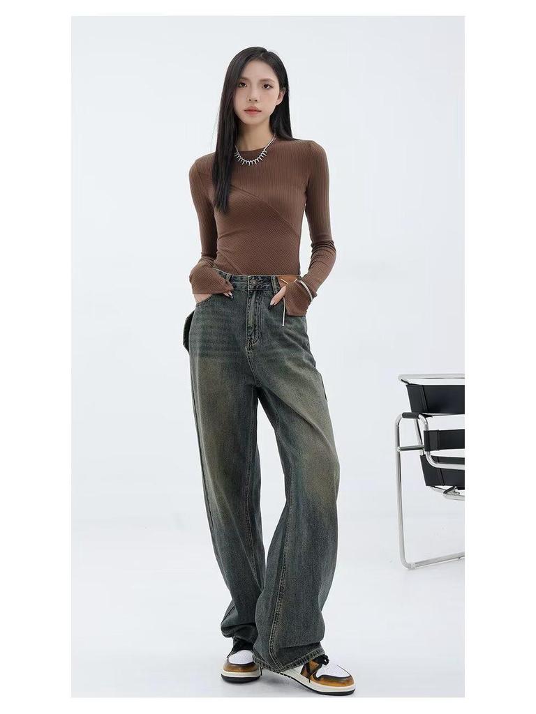 2025 Autumn/Winter Distressed High-Waisted Straight-Leg Women's Wide-Leg Jeans