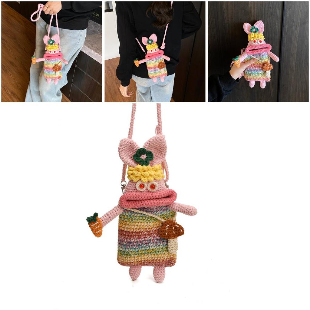 Ugly And Cute Rabbit Woven Crossbody Bag With Radish And Mushrooms For Daily Use