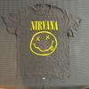 Nirvana Smiley Face Graphic T-Shirt Charcoal Gray Yellow Logo Size M Rock Band Unisex T-Shirt