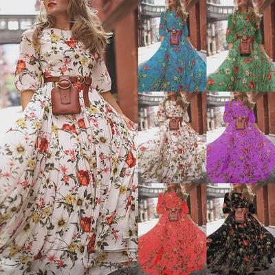 Vestido Longo de Chiffon Floral Europeu Americano Slim Fit 2025