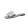 Fashion fairy style pearl bow one-word slippers female summer new casual square head open-toed flat-bottomed slippers female
