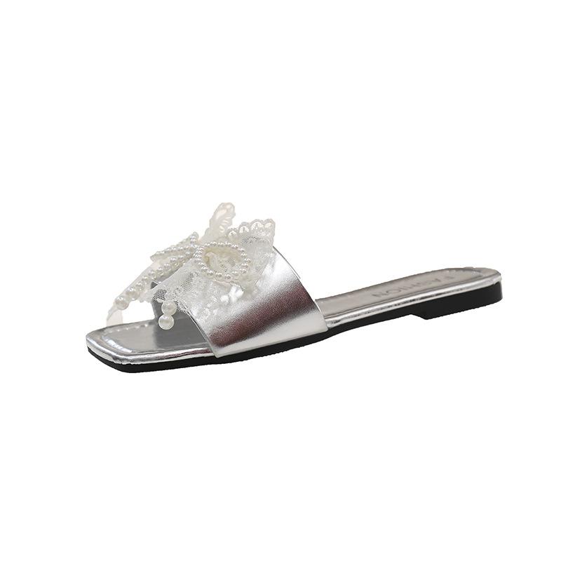 Fashion fairy style pearl bow one-word slippers female summer new casual square head open-toed flat-bottomed slippers female