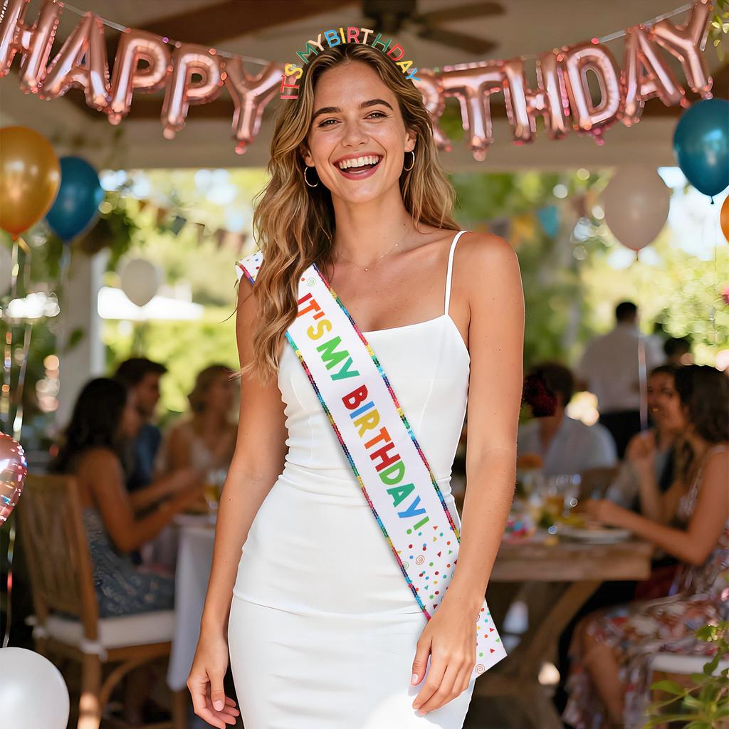 2026 Birthday Party Headband Shoulder Strap Set IT'S MY BIRTHDAY Colored Letter Edge Sequins Shoulder Strap
