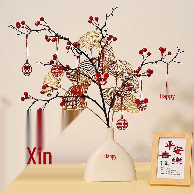 Red Fruit Prosperity Flower Arrangement Figurine for Wedding and Living Room Decor