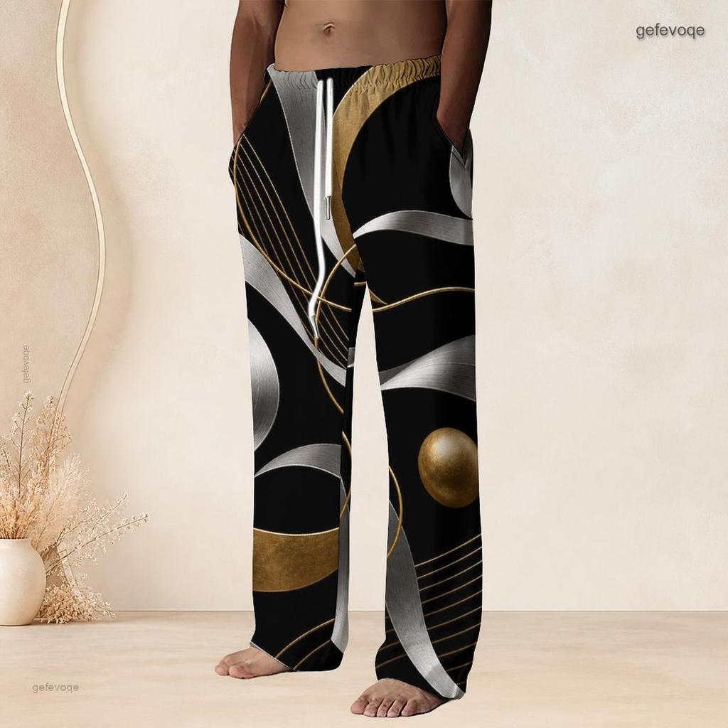Men S Plus Size Drawstring Waist Geometric Printed Black Gold Silver Straight Leg Full Length Beach Pants