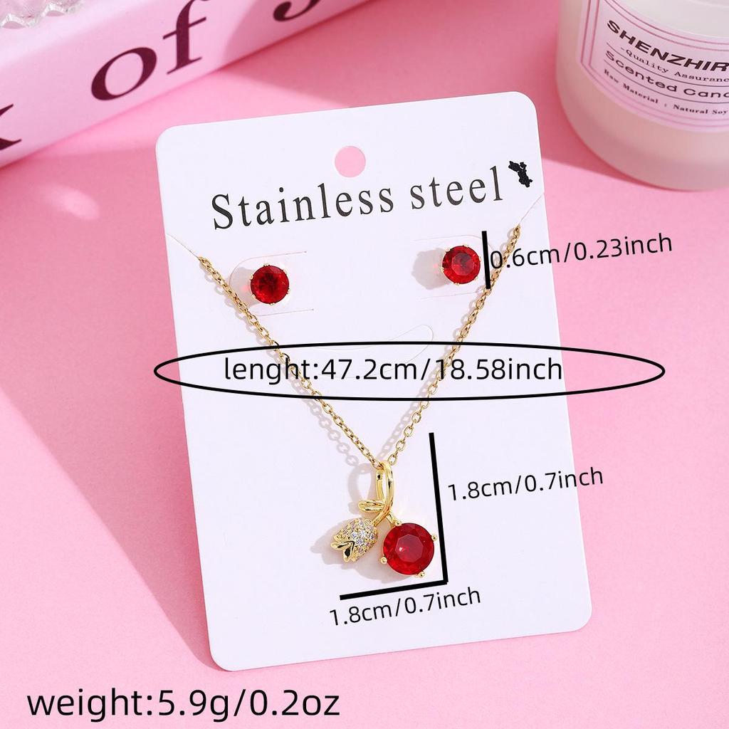 Strawberry Cherry Inlaid Necklace & Earrings Set, Light Luxury Design, 304 Stainless Steel Clavicle Chain for Women