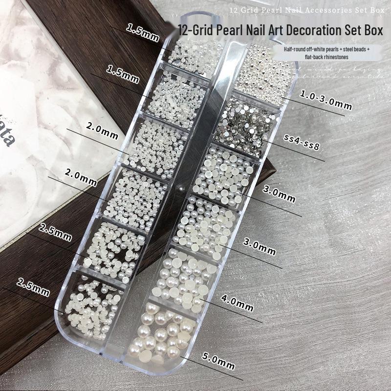 12 Grids Colorful Pearl Nail Art Decorations: Mixed Size White Pearls, Full & Half Round