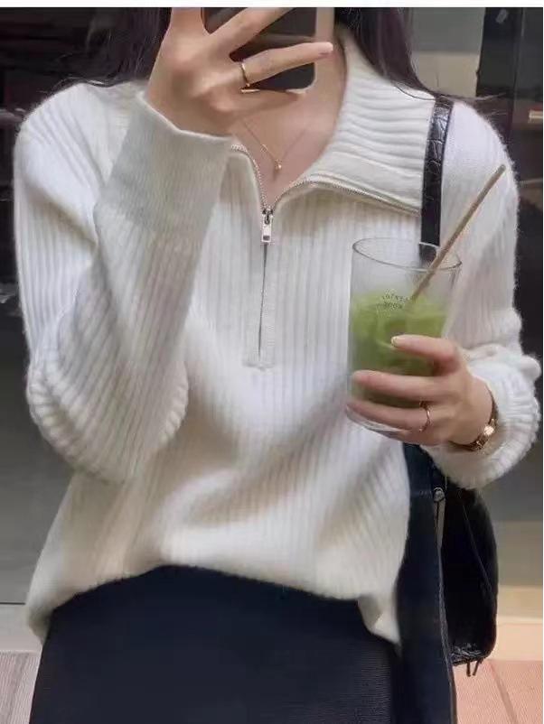 Women's High-End French Cashmere Sweater - Solid Color, Long-Sleeved, Lapel Knit Top