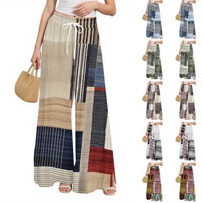 Damen Bedruckte Weitbeinige Hosen mit Taschen Hohe Taille Kordelzug Lockere Freizeit-Hosen