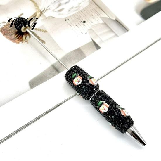 Sparkly Rhinestone Pen Beadable Pen, Glitter Plastic Beaded Halloween Pumpkin Ghost Skull Office Supplies Gel Ink for DIY Craft Making, School Set