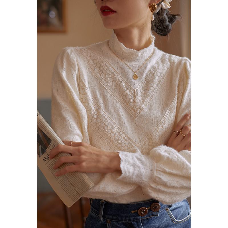 Chemisier de style cour française à col semi-haut et base en dentelle brossée pour femmes, haut de superposition intérieure pour l'automne et l'hiver