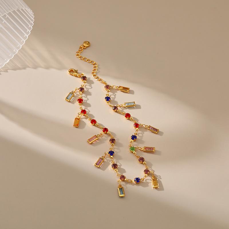 Gold Plated Multi-Color CZ Charm Anklet With Extension Chain