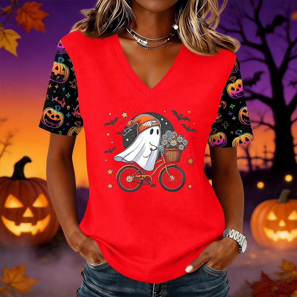 Women's Short Sleeve V-Neck Pullover Top with Halloween Print for Casual Everyday Wear