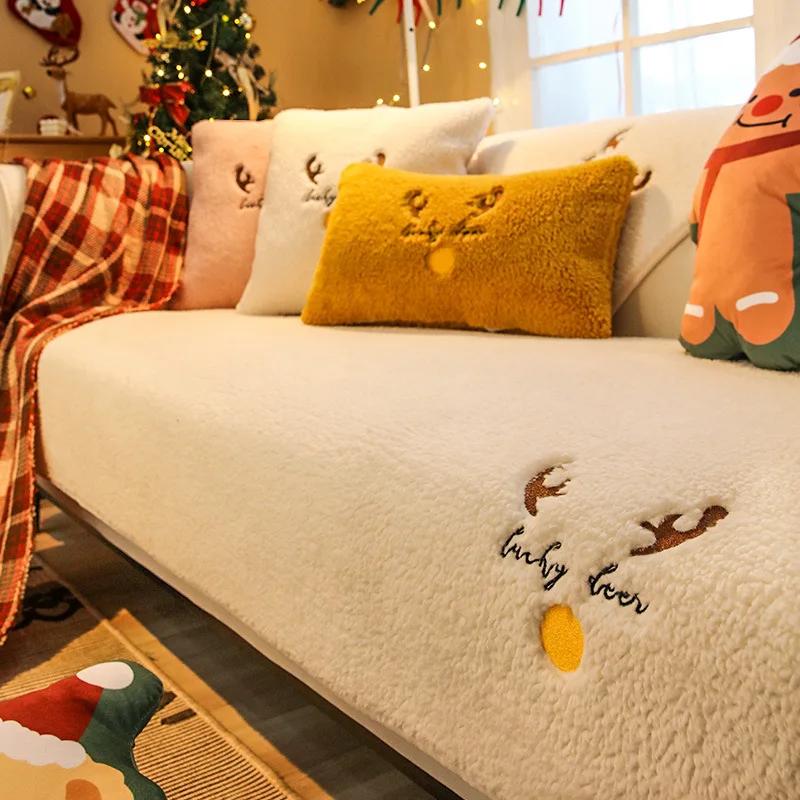 Thicken Short Plush Sofa Cover Winter Warm Non Slip Sofa Towel Washable Couch Cushiom Slipcovers Living Room Elk Christmas Decor