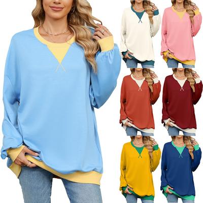 Autumn and Winter Elegant and Fashionable Round Neck Cross Colorblocking Long Sleeve Casual Sweatshirt Top Hoodies Women Overzise