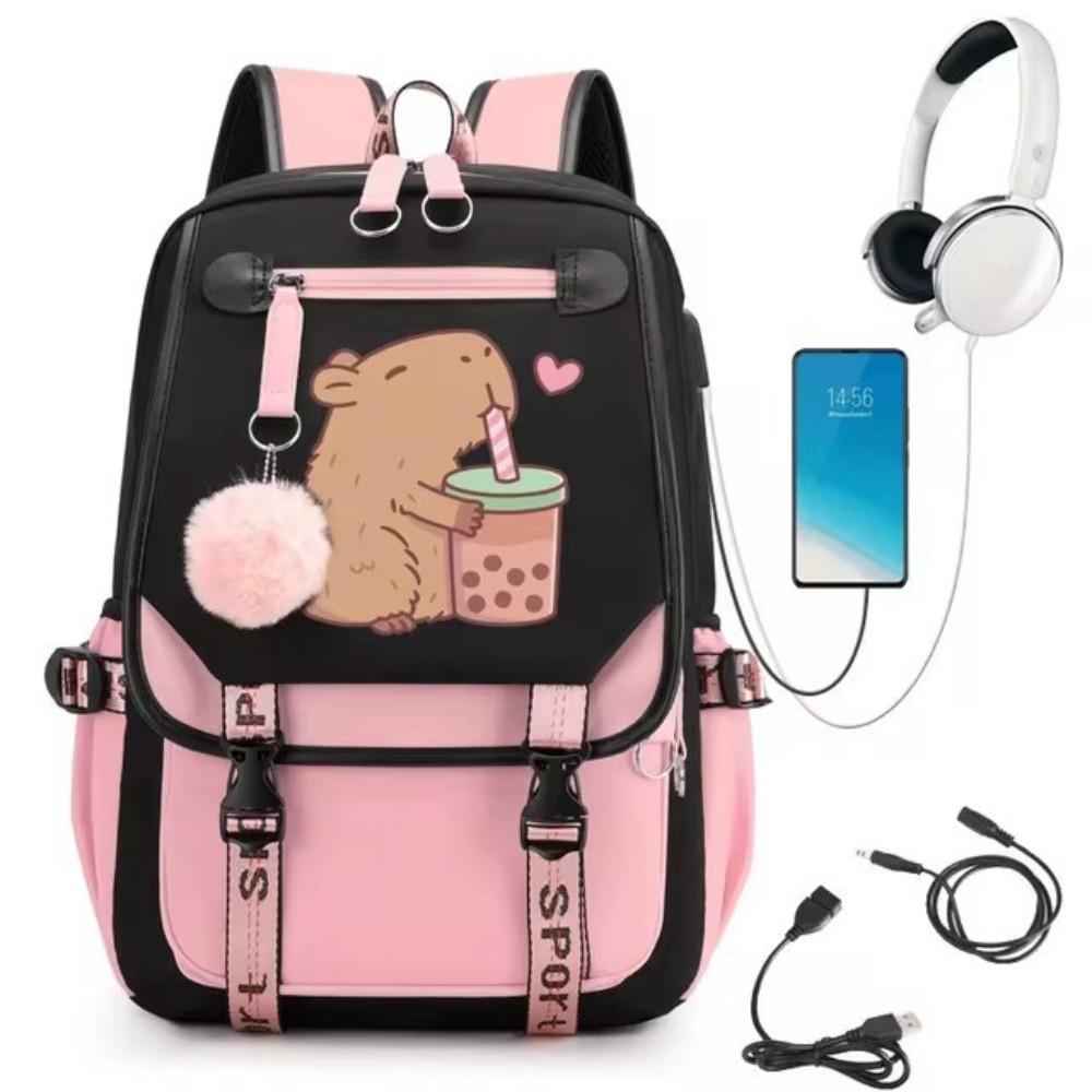 Cute Cartoon Pattern Capybara Drinking Milk Tea Printed Schoolbag Middle and High School Students High School Large Capacity Schoolbag Travel Bag