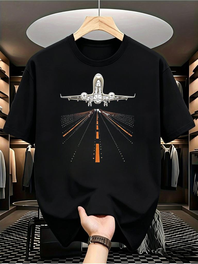 1pc Men'S Graphic T-Shirt Funny Airplane Railway Illusion Print Short Sleeve Crew Neck