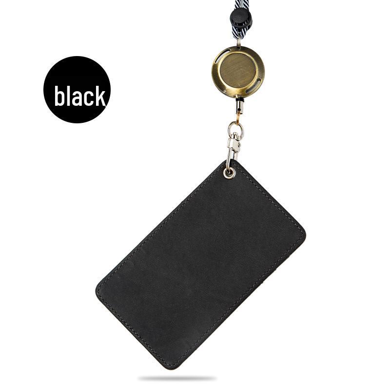 Retractable Leather ID Card Holder with Lanyard for Work, Student, and Meal Cards