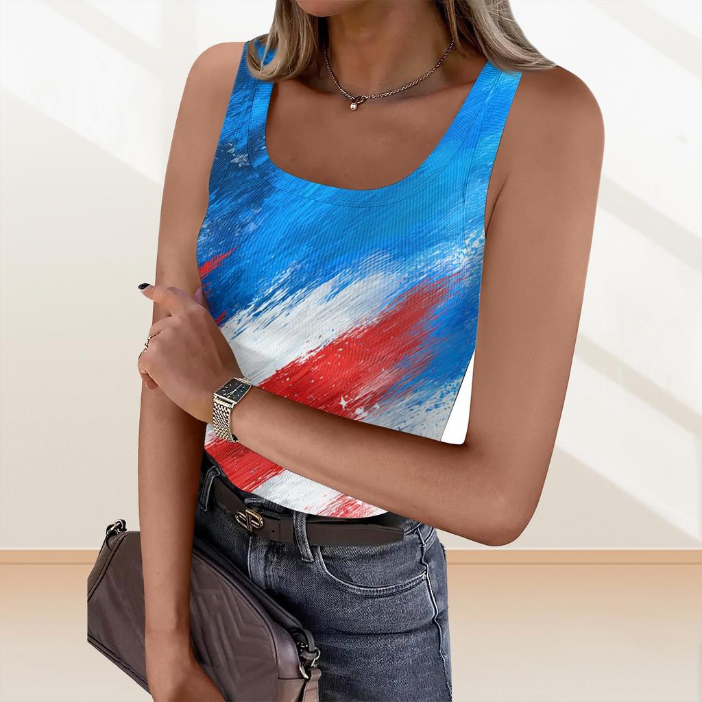 Women's Summer Fashionable Casual Independence Day Printed Round Neck Sleeveless Top Fitted Vest