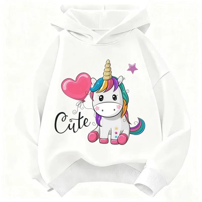 Classic children's comfortable hooded shirt with cute unicorn print, fashionable for sports,long-sleeved, casual pullover hoodie