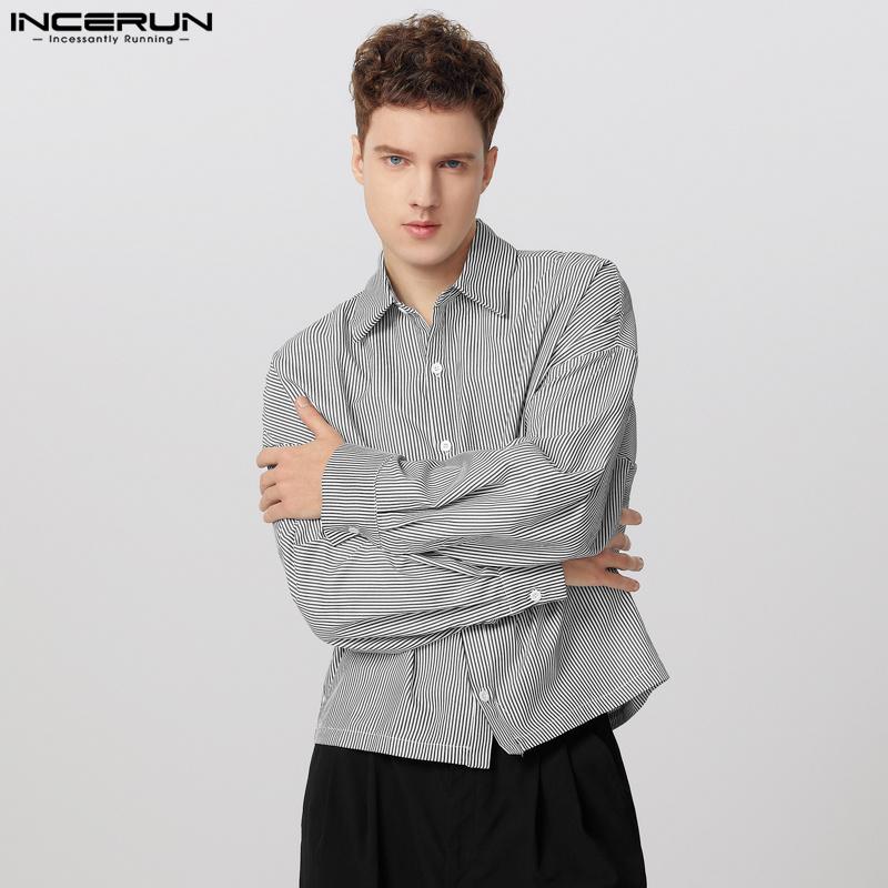 INCERUN Men Lapel Neck Long Sleeve Striped Casual Buttons Up Shirts