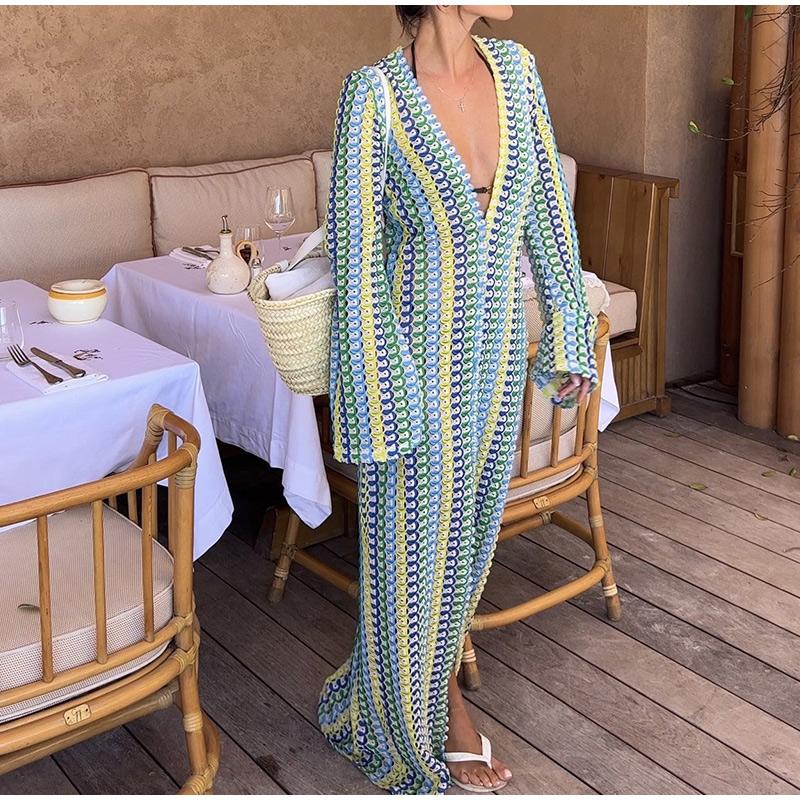 Лоскутное Женское Трикотажное Платье с Глубоким V-образным Вырезом — фото 6